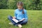 Girl sits on green field and reads book