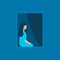 Girl sits at home and looks out of window in evening or at night. Lonely young woman isolated on quarantine at home. Vector blue