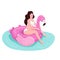 Girl sits on inflatable flamingo flat color vector faceless character