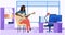 Girl sits in office with guitar. Musician plays strings on instrument at her workplace and composes