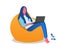 A girl is sitting in a bag chair barefoot with a laptop. Office, coworking. Vector illustration of modern white background
