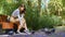 Girl sitting on a bench in the Park feeding pigeons. Brunette resting on the bench and throwing food to the birds. Pigeons in the