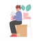 Girl Sitting on Cardboard Box, Woman Preparing for Relocation, Moving to New Home Vector Illustration