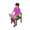 Girl sitting on a chair with a laptop on her lap. Programmer, freelancer, student or blogger in isometric view