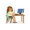 Girl sitting at computer, pupil of elementary school at informatics lesson at school vector Illustration on a white
