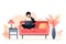 The girl is sitting on the couch and holding a laptop. Freelance and learning at home. Autumn interior room. Vector