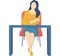 Girl sitting at the desk . Business woman , workplace. Cartoon female character of office worker, businessperson, clerk, manager