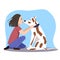 The girl is sitting with the dog opposite each other. The character looks into the eyes of his pet. Vector sketch of a