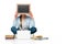 Girl sitting on floor with obscure face near laptop, books and copybooks and holding chalkboard