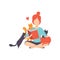 Girl sitting on the floor and reading a book surrounded by many cats, adorable pets and their owner vector Illustration