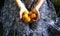 Girl is sitting on the grass in blue vintage dress. Woman is holding apricots. Rustic summer fruit flat lay. Healthy vegetarian