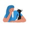 The girl is sitting with her arms around a black Oriental cat.Hand drawn. Vector illustration in flat style.Friendship between the