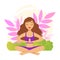 Girl Sitting and Meditating in Yoga Lotus Position with Floral Scenery Vector Illustration