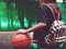 Girl sitting on plastic orange penny shortboard