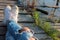 Girl sitting on a river beach on a wooden pier. Closeup of teenage legs in modern and trendy white sneakers and ripped jeans. Warm