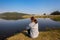 Girl Sitting River Water Lagoon