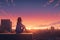 Girl sitting on rooftop watching beautiful sunset over city. Anime style wallpaper