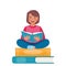 Girl sitting on the stack of books and reading book. Knowledge, creativity, discoveries. Educational banner. Back to school.