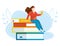 Girl sitting on stacks of books with open book in her hands. Vector illustration. Concept of earning, distance studying