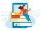 Girl sitting on stacks of books with open book in her hands. Vector illustration. Concept of earning, distance studying