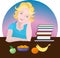 Girl sitting at table with books and fruits. Vector illustration