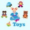 Girl sitting among toys. Colorful things in cartoon style for kids banner vector illustration. Childish design with doll