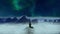 A girl sitting and watching aurora borealis on a mountain above clouds