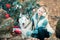 girl sitting in winter park and looking at siberian husky near Christmas tree outdoors