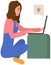 Girl sitts with laptop and clicks star icon. Distance learning, freelance and internet surfing