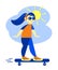 Girl skateboard rider ride longboard illustration in retro 70s style