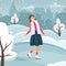 Girl skates in winter. Winter entertainment. Flat vector illustration