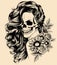 Girl with skeleton make up hand drawn vector sketch. Santa muerte woman witch portrait stock illustration
