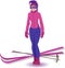 Girl skier in sportswear, skis and sticks lie in the back. Cartoon characte