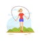 Girl Skipping with Jump Rope in Nature, Young Woman Doing Physical Activity Outdoors Vector Illustration