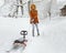 Girl sled alone, winter snow cold weather outdoor sledge countryside blizzard snowfall, woman