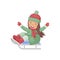 A girl on a sled. Cute girl in cartoon style, sitting on a sled. Winter illustration with a cheerful girl riding a