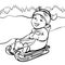 Girl sledding, cartoon character, black and white outline hand drawing, coloring, winter kids fun. Cute happy child joyful rides