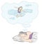 The girl sleeps and sees a dream as she flies in the clouds. vector illustration.