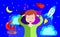 Girl sleeps and sees vivid dreams. Animation. Vector stock illustration.