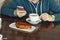 Girl, smartphon, coffe, business lunch, Croissants, French styled, Top view.