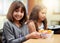 Girl, smile and portrait with lunch at school for recess, break or nutrition at table with meal. Kid, face and happy at