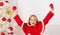 Girl smiling face hold balls ornaments white interior background. Let kid decorate christmas tree. Favorite part