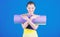 Girl smiling slim fit athlete hold fitness mat. Fitness and stretching. Stretching muscles. Getting into the yoga groove