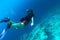 Girl in snorkeling gear dives into the sea