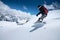 Girl snowboarder with a backpack on a snowy fresh slope against the backdrop of high mountains and blue sky. Winter