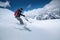 Girl snowboarder with a backpack on a snowy fresh slope against the backdrop of high mountains and blue sky. Winter