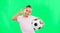 Girl, soccer ball and thumbs up in green screen studio with smile, face and happiness in sport mockup. Young female