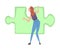 Girl Solving Jigsaw Puzzle, Back View of Person Trying to Connect Big Green Puzzle Element Cartoon Style Vector