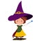 Girl sorceress in dress and witches hat and magic wand in hand isolated on white background. Cartoon flat style. Design element