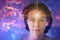 girl with soulful look against background of starry sky. on forehead of girl glowing star symbol of open mind. paranormal